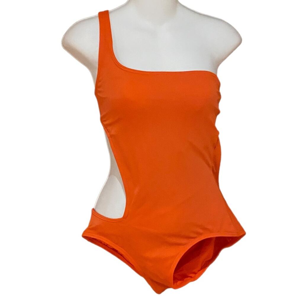 DKNY Womens Size 10 Orange One Shoulder Open sided One Piece Swimsuit